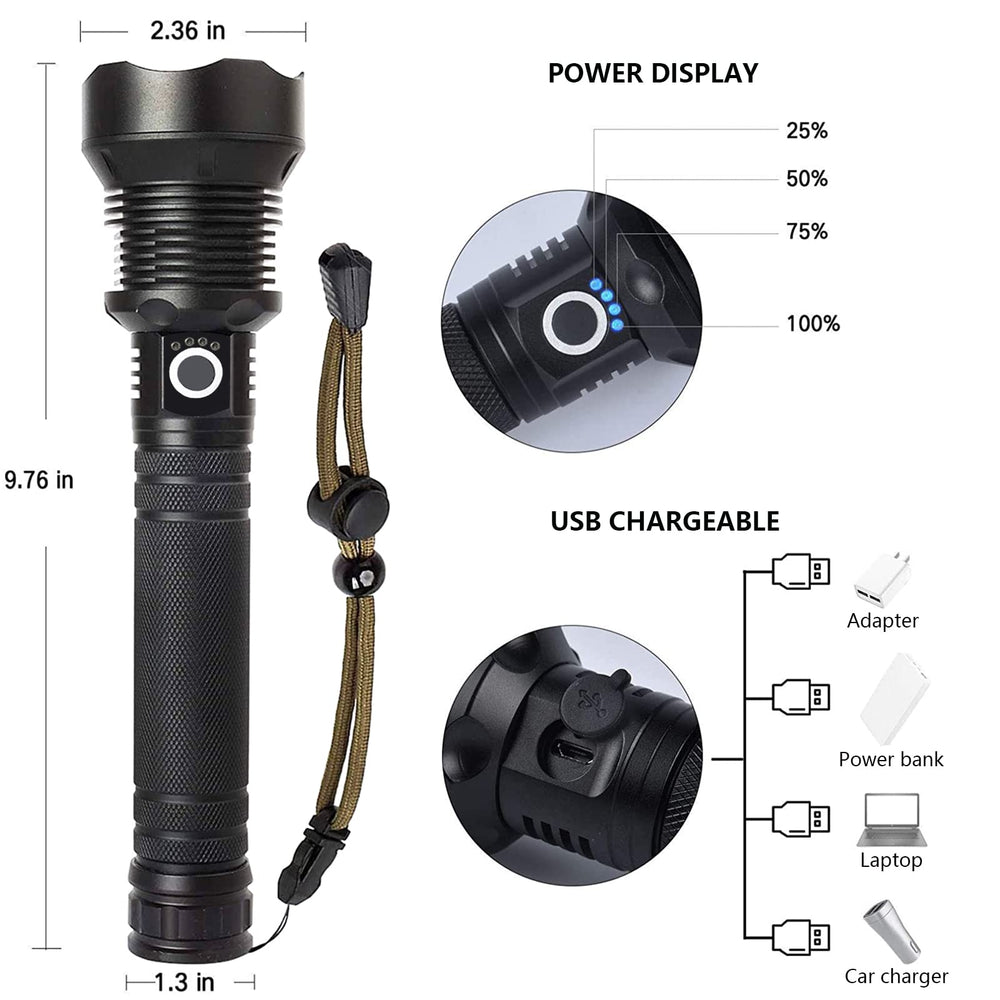 Lylting USB-C rechargeable flashlight with power display on hand.
