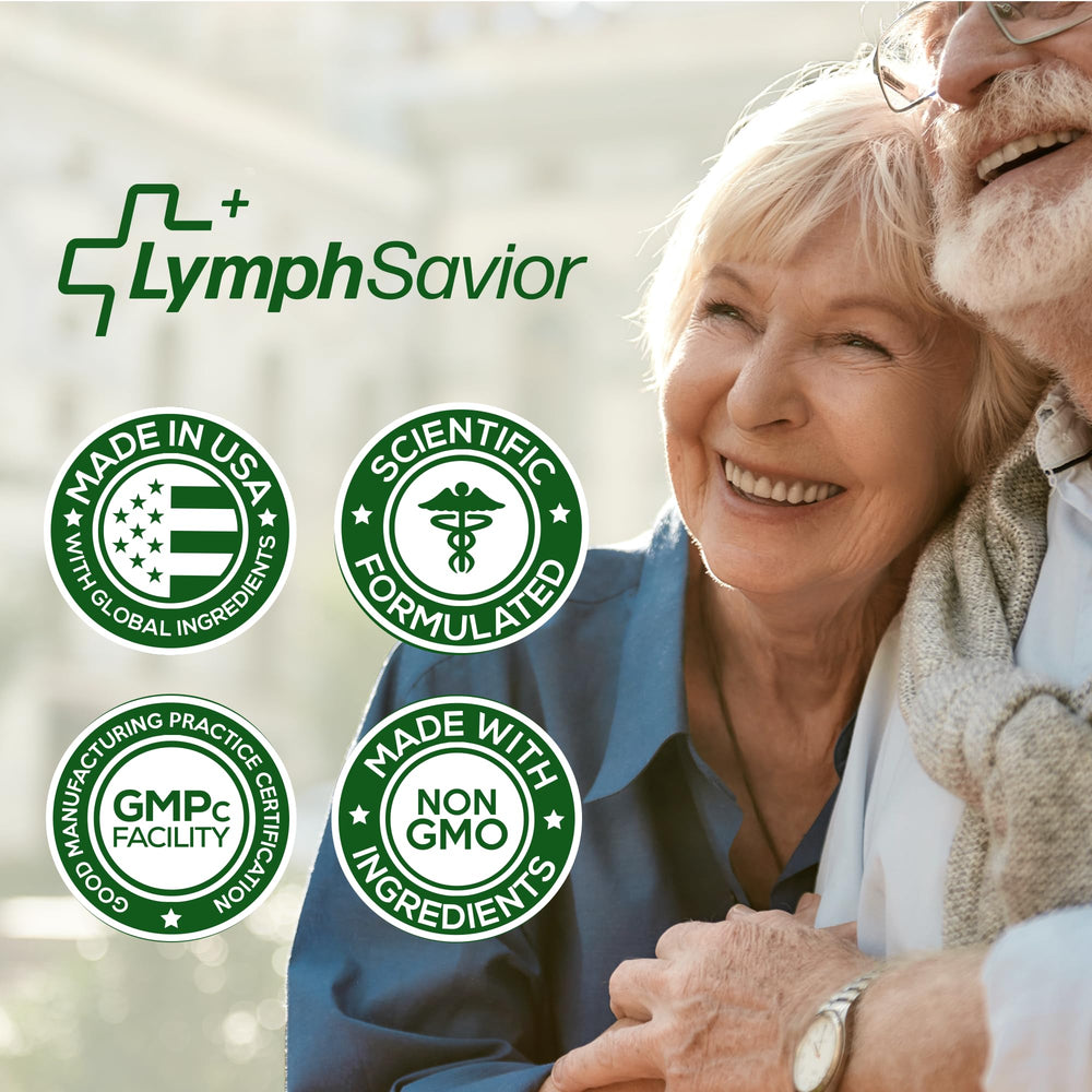 Lymph Savior lifestyle shot with capsules highlights plant-based wellness