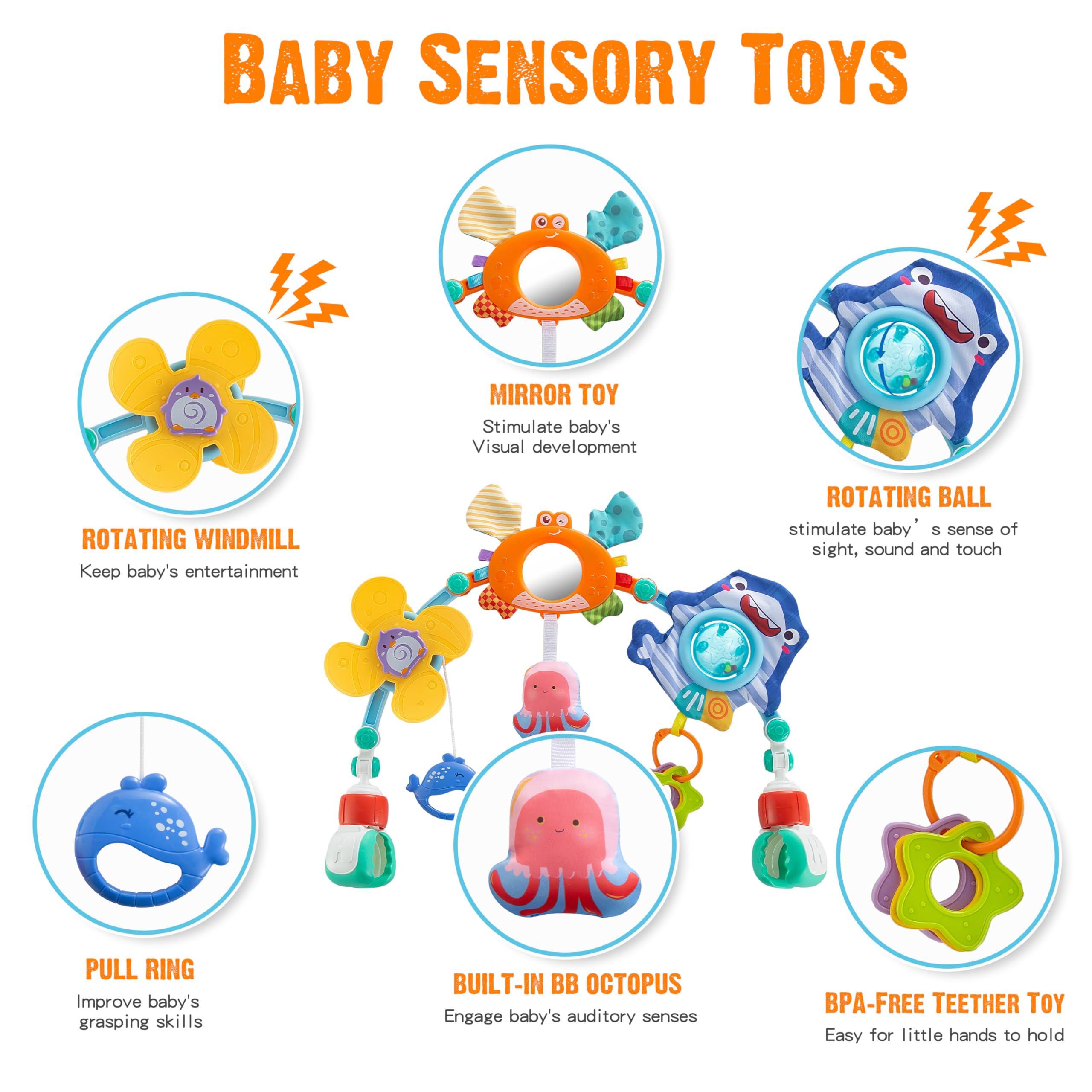 Lynncare arch toy with detachable toys provides bright, engaging sensory exploration.