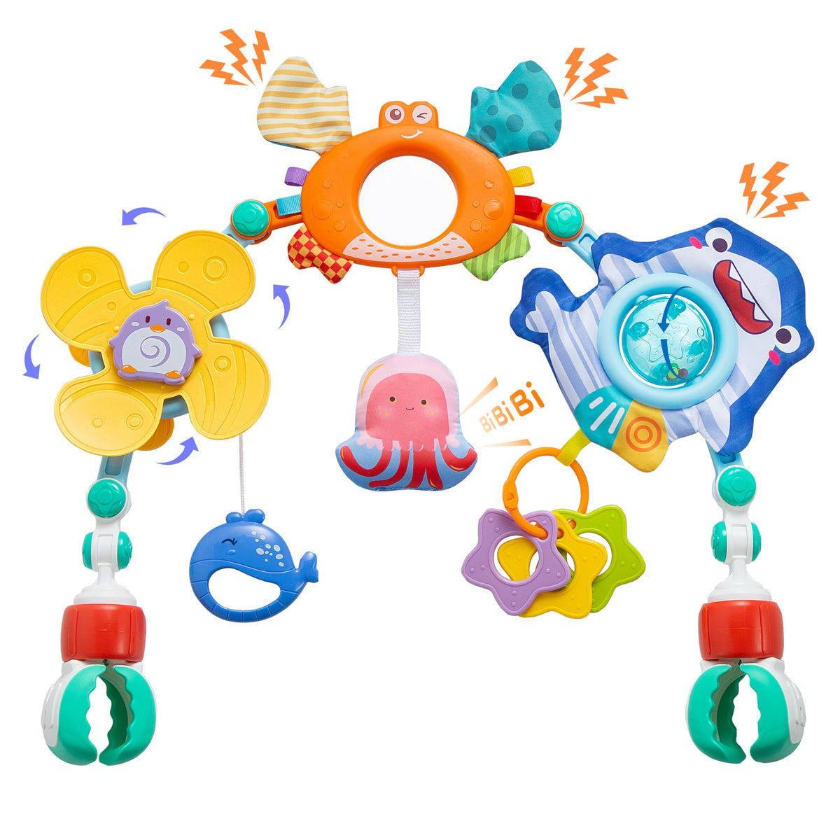 Lynncare baby stroller arch toy clipped to a car seat handle for on-the-go sensory play.
