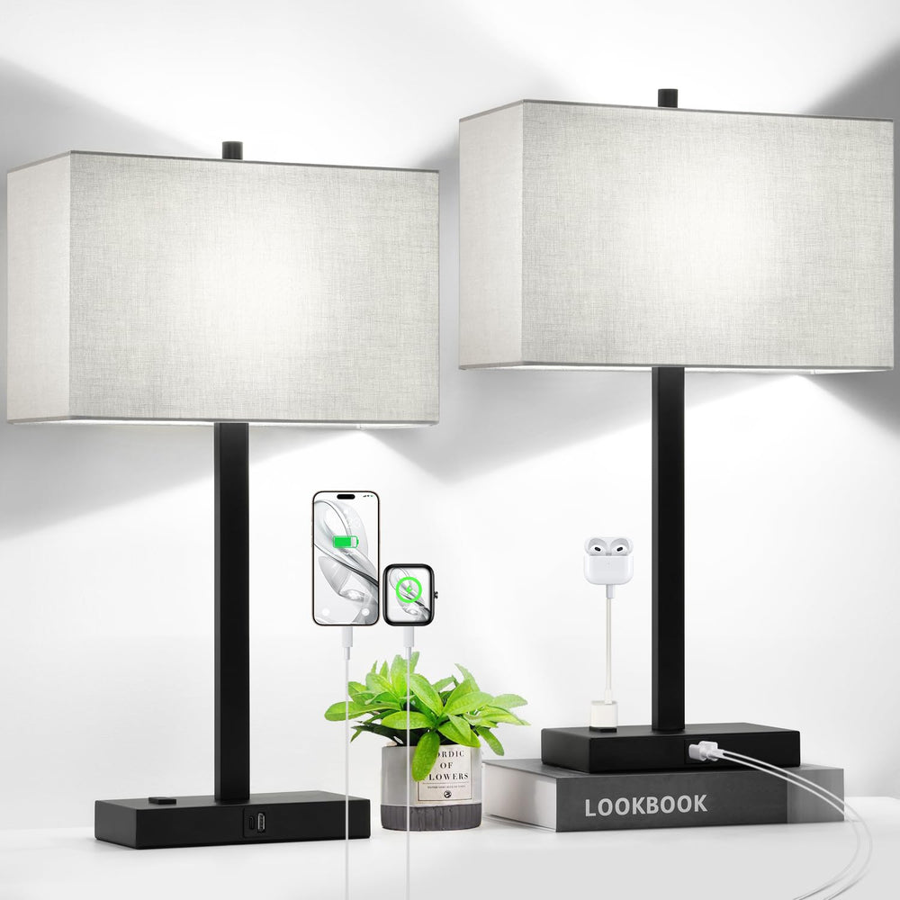 Lynnoland 21-inch bedside lamp with linen shade offers soft, calming bedroom lighting.