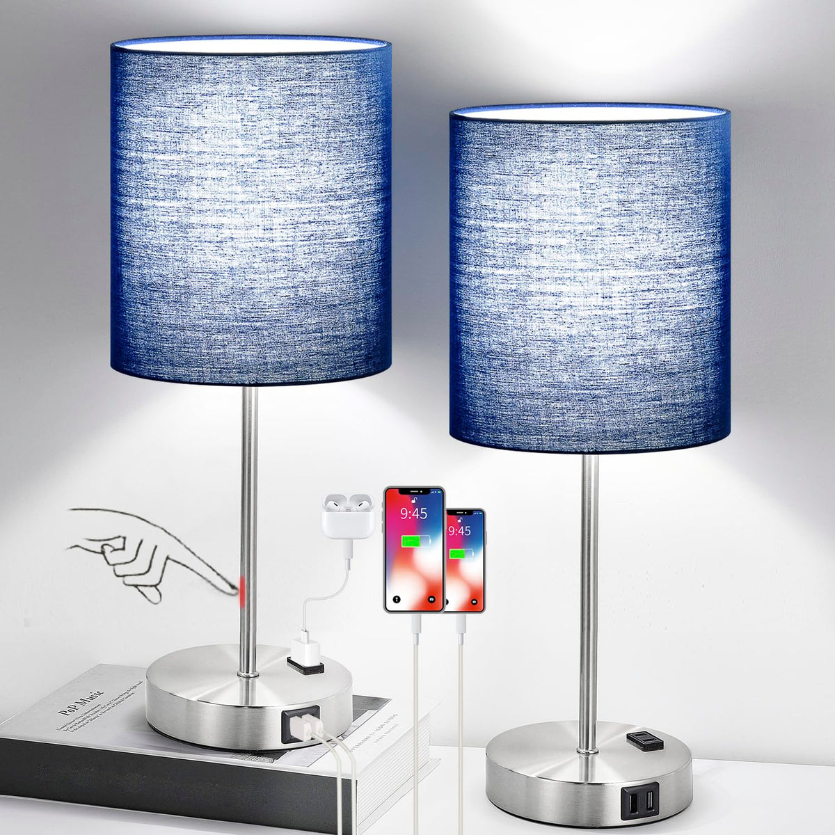 Lynnoland set2 lamps with USB outlet on base for convenient bedside charging.