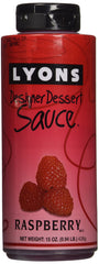Lyons Raspberry Designer Dessert Sauce bottle adds a glossy, elegant finish.