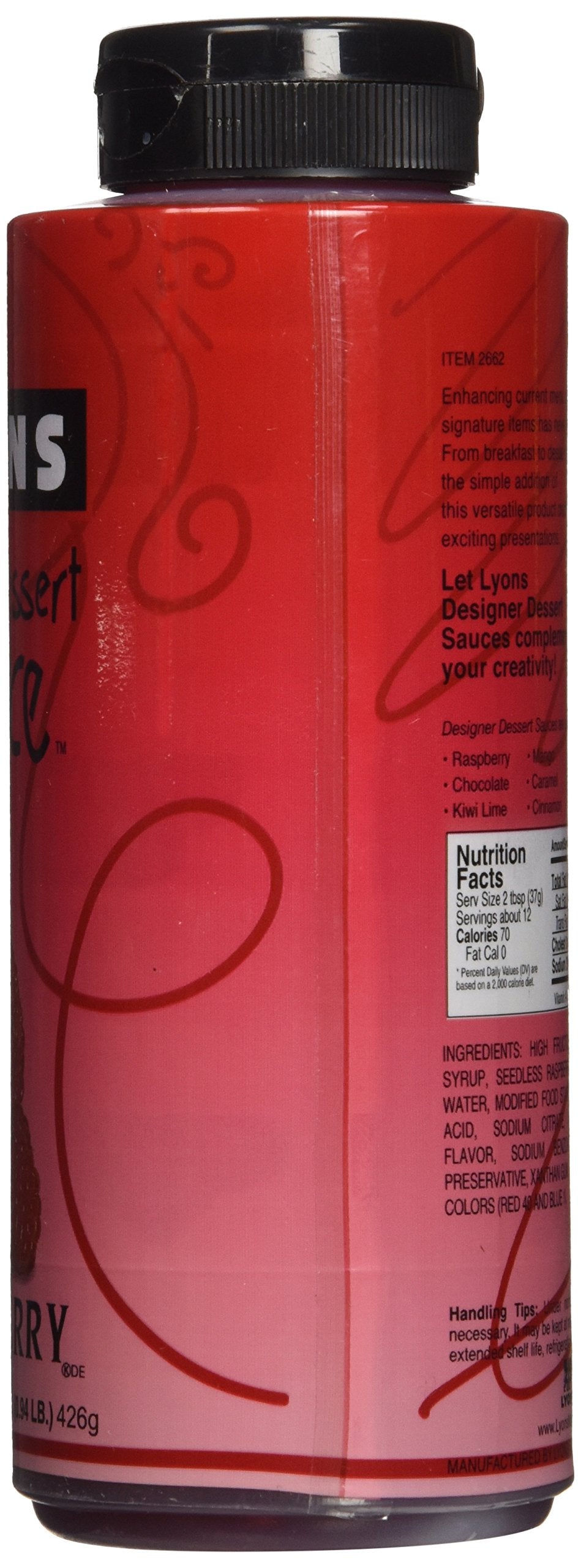 Lyons Raspberry Designer Dessert Sauce atop cheesecake for color and brightness.