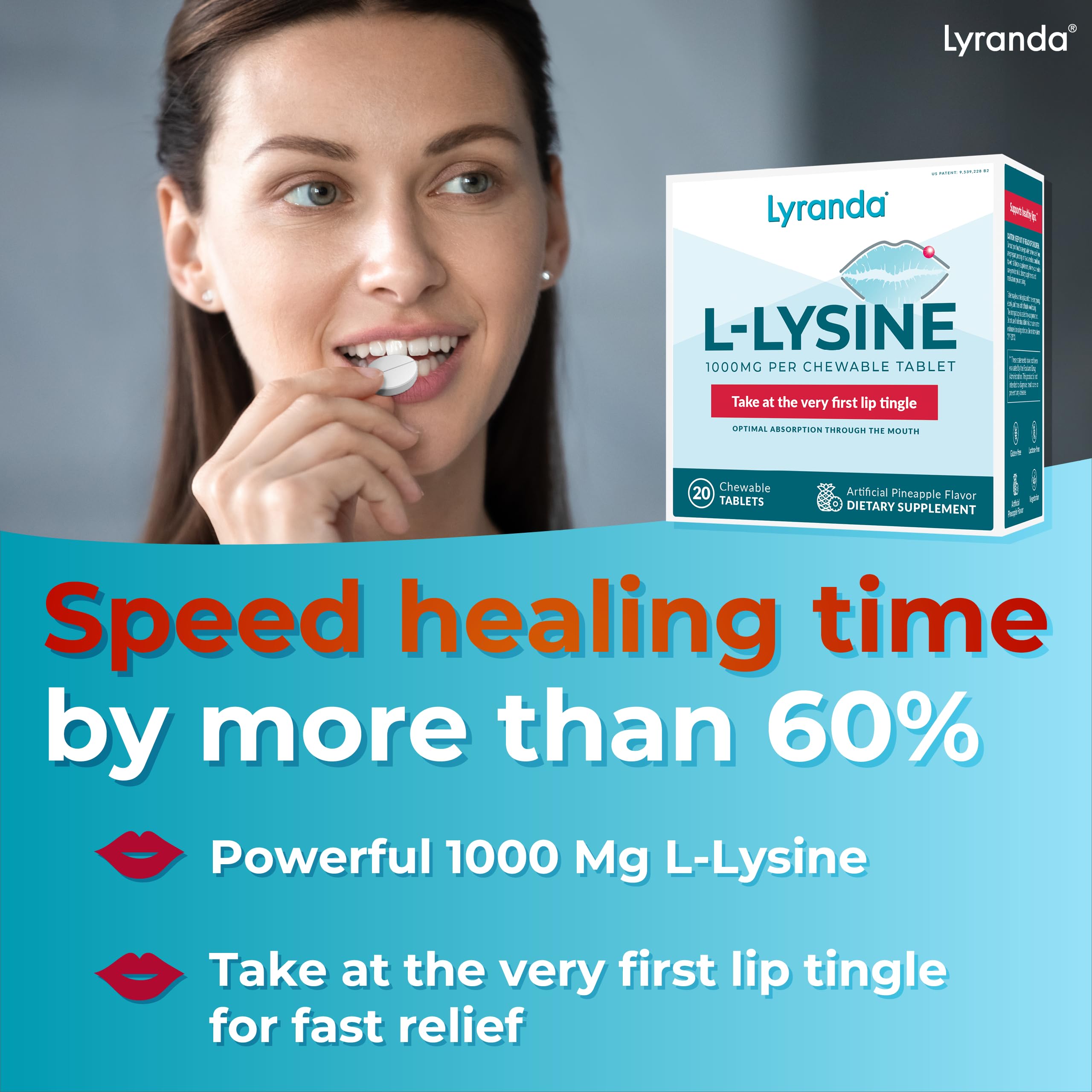 Lyranda Lysine bottle label highlighting gluten- and lactose-free formula.
