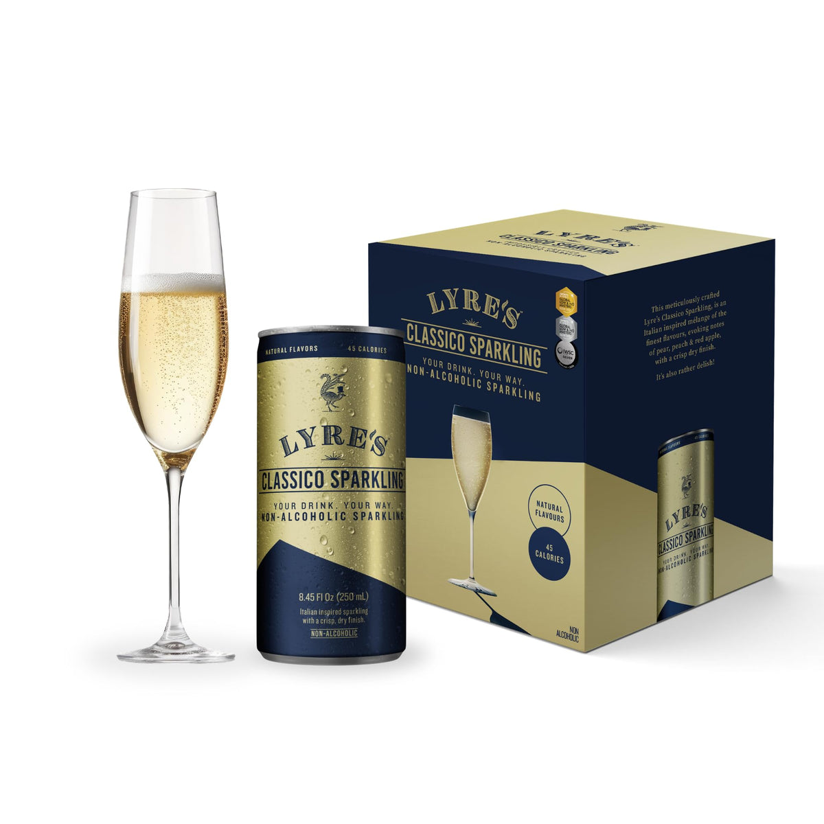 Lyre's Classico 4-pack cans arranged for a celebration with sparkling zero-proof wine.