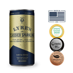 Closeup of Lyre's Classico can label highlighting vegan and gluten-free features.