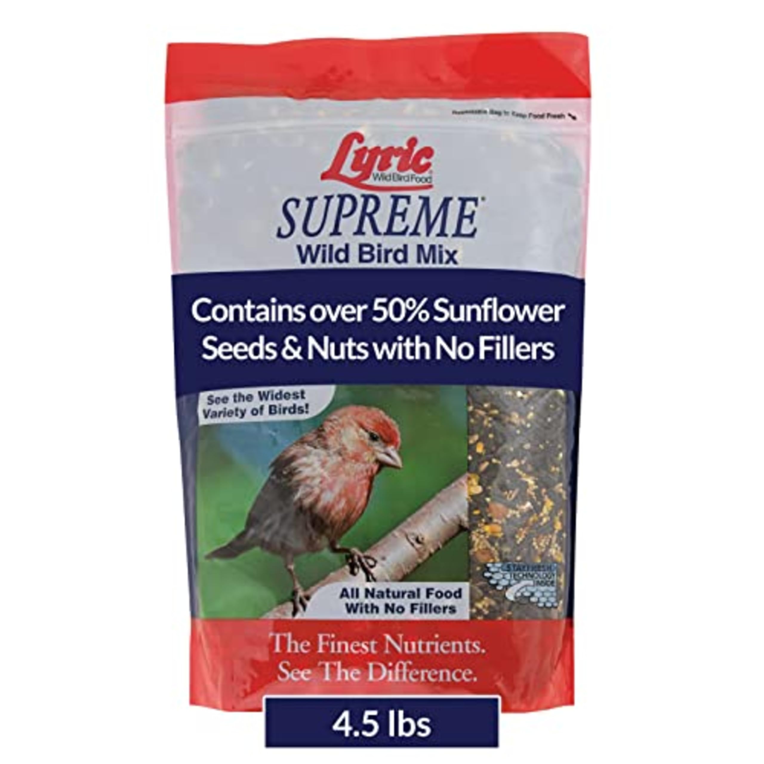 Lyric Supreme Wild Bird Seed bag showcases a nutrient-rich blend inviting diverse songbirds.