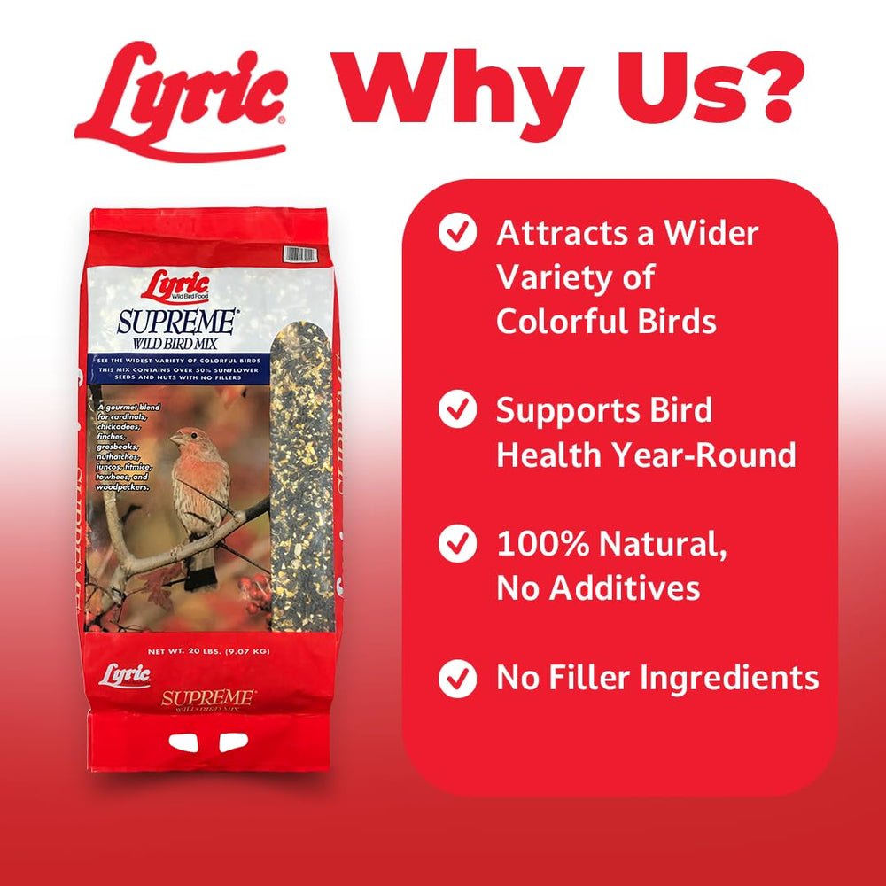 Lyric Supreme Wild Bird Seed sunflower seeds emphasis attracts finches and chickadees.
