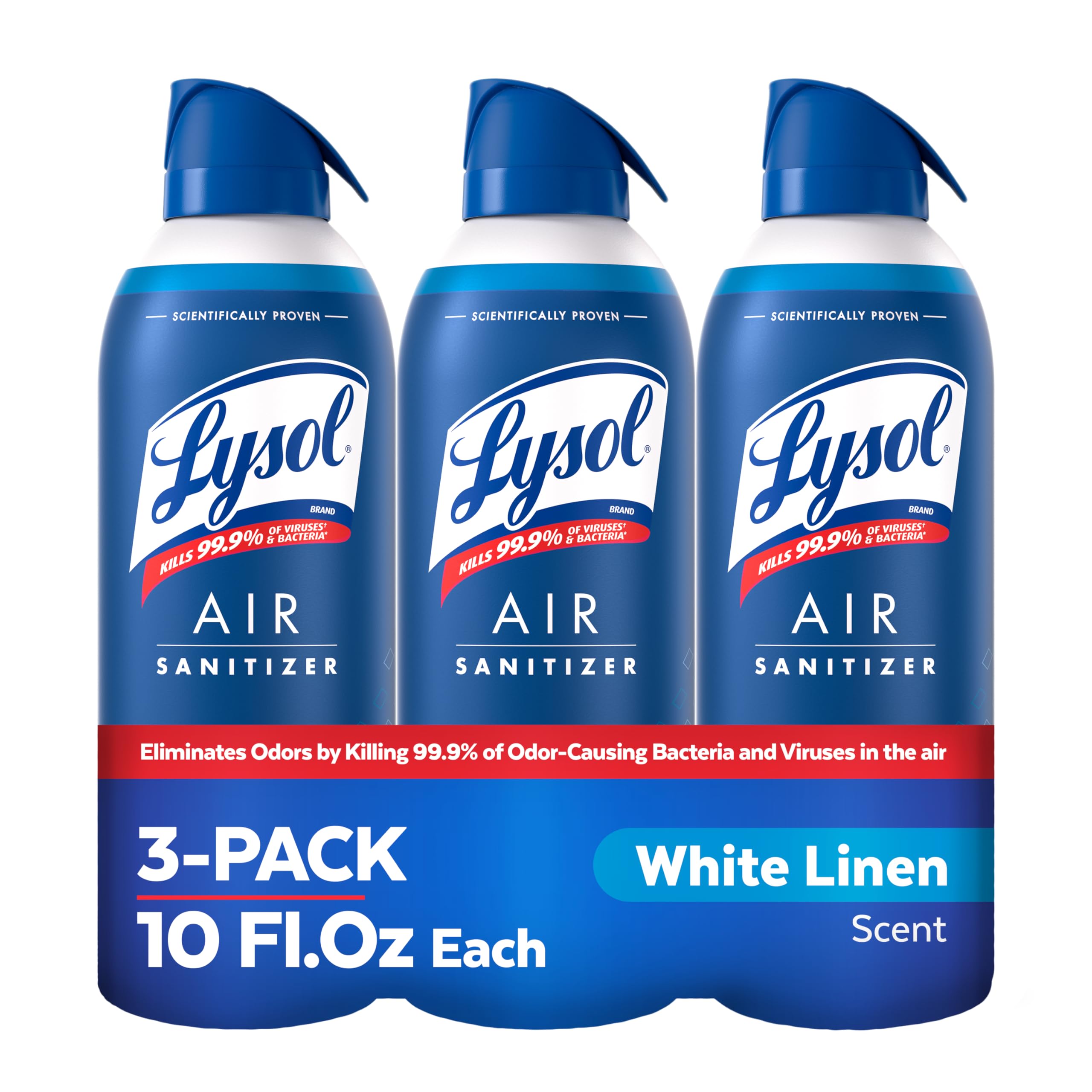 Lysol Air Sanitizer bottle pour demonstrates easy, rapid air sanitation with White Linen scent
