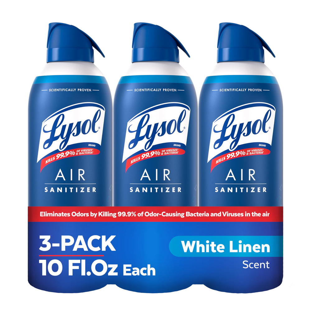 Lysol Air Sanitizer bottle pour demonstrates easy, rapid air sanitation with White Linen scent