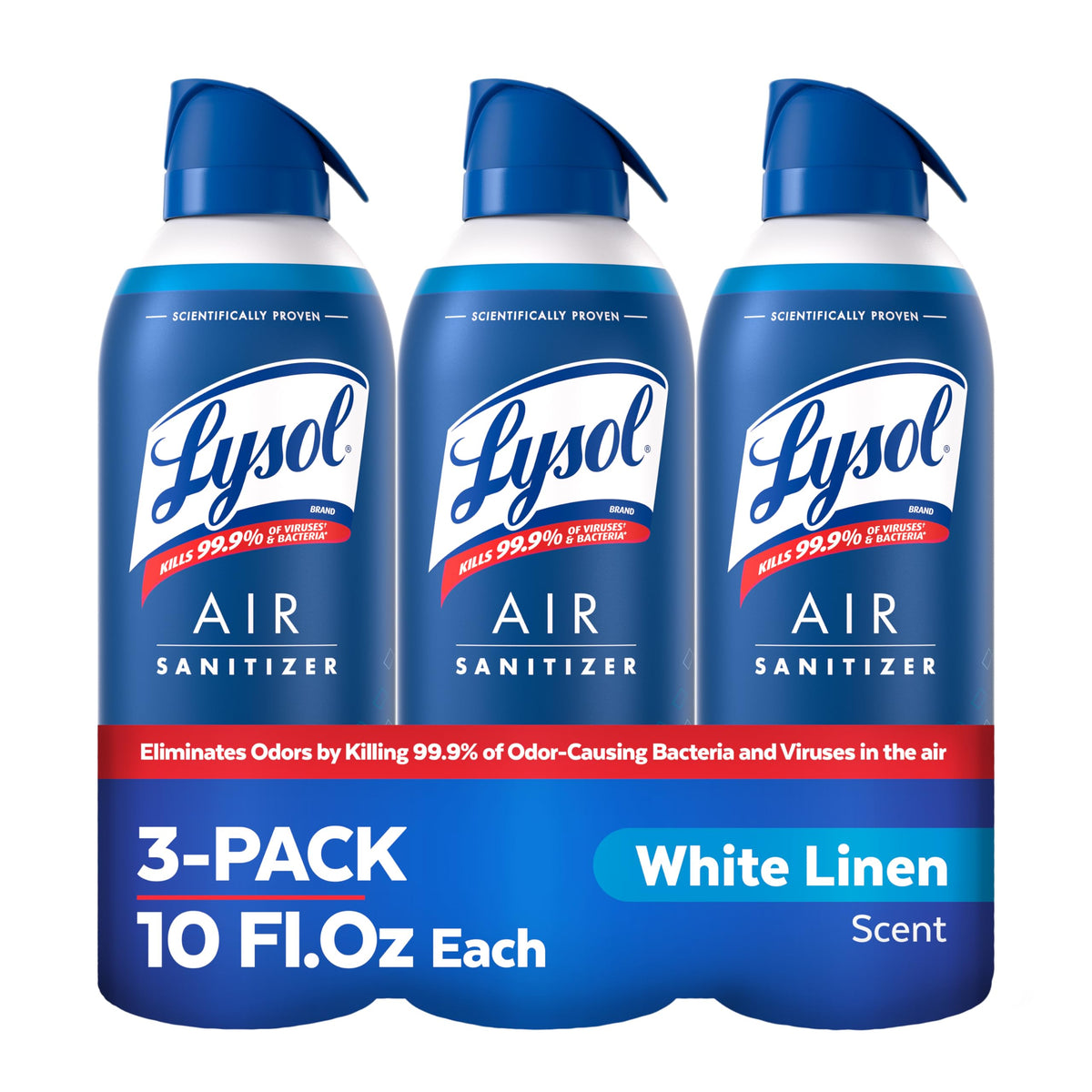 Lysol Air Sanitizer bottle pour demonstrates easy, rapid air sanitation with White Linen scent