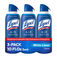 Lysol Air Sanitizer bottle pour demonstrates easy, rapid air sanitation with White Linen scent