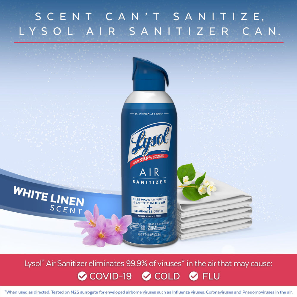 Lysol Air Sanitizer Spray in air elimination mode, clean breathing space.