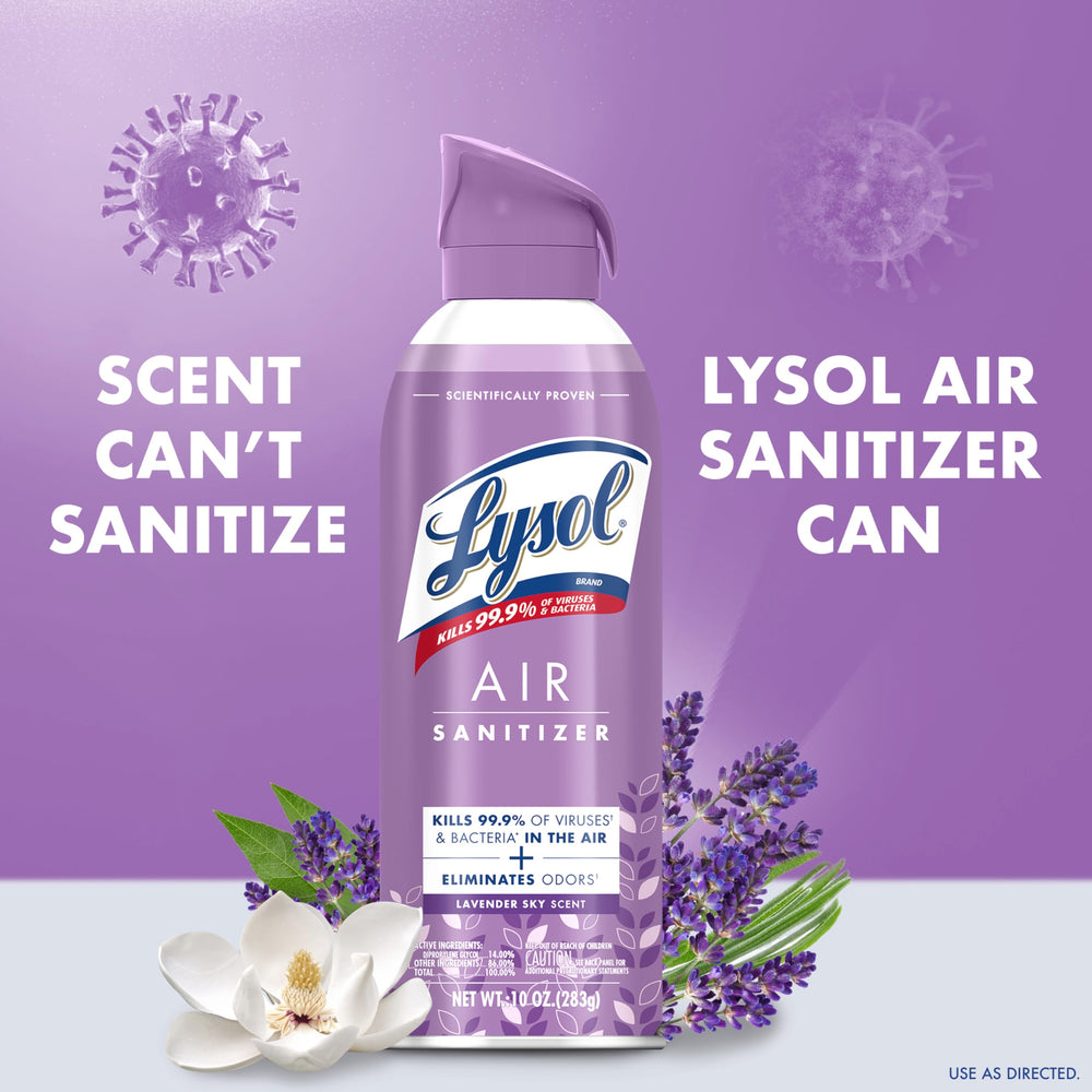 Lysol Air Sanitizer spray-dispense action illustrating quick air sanitizing in a room.