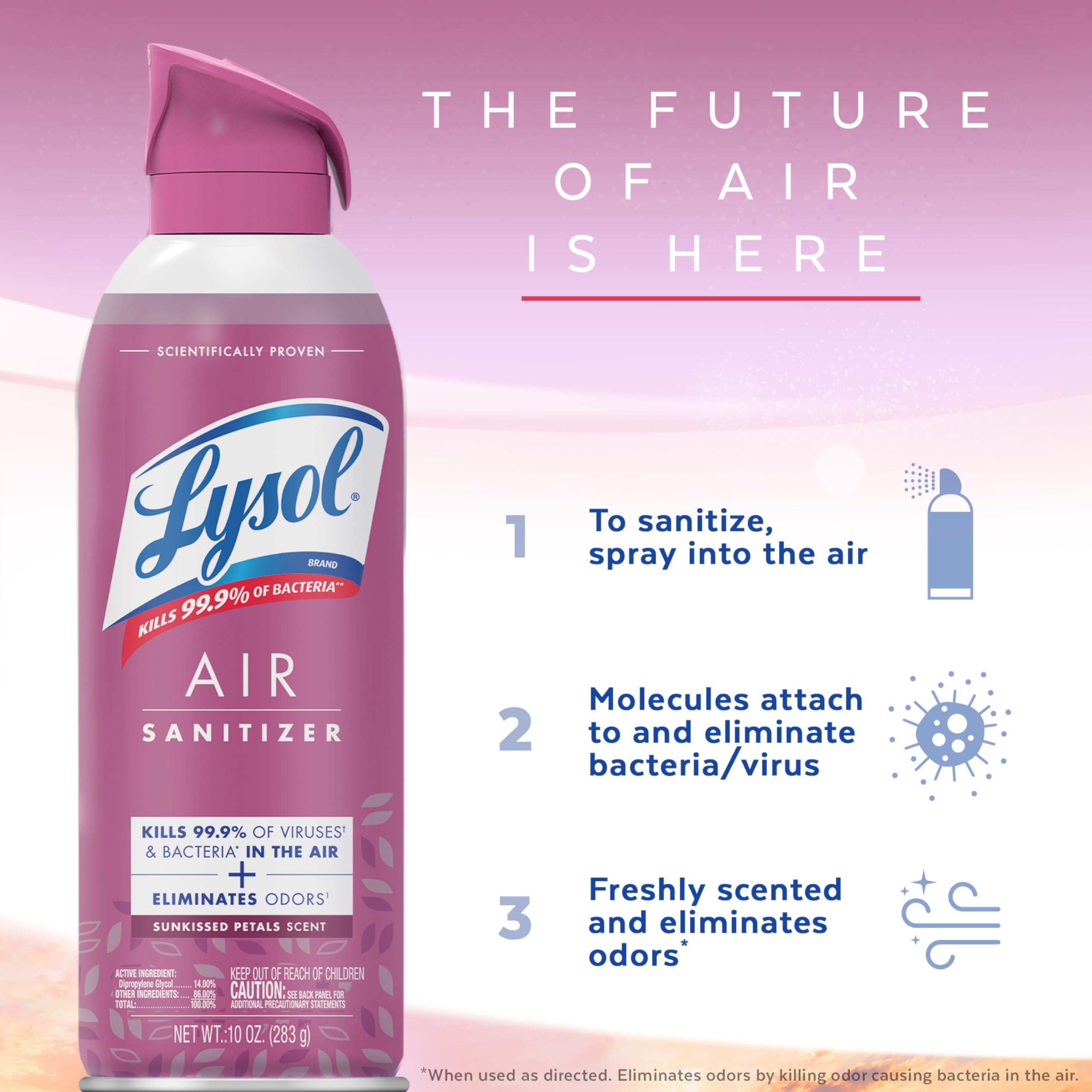 Lysol Air Sanitizer Spray Sunkissed Petals label highlights fragrance and use.