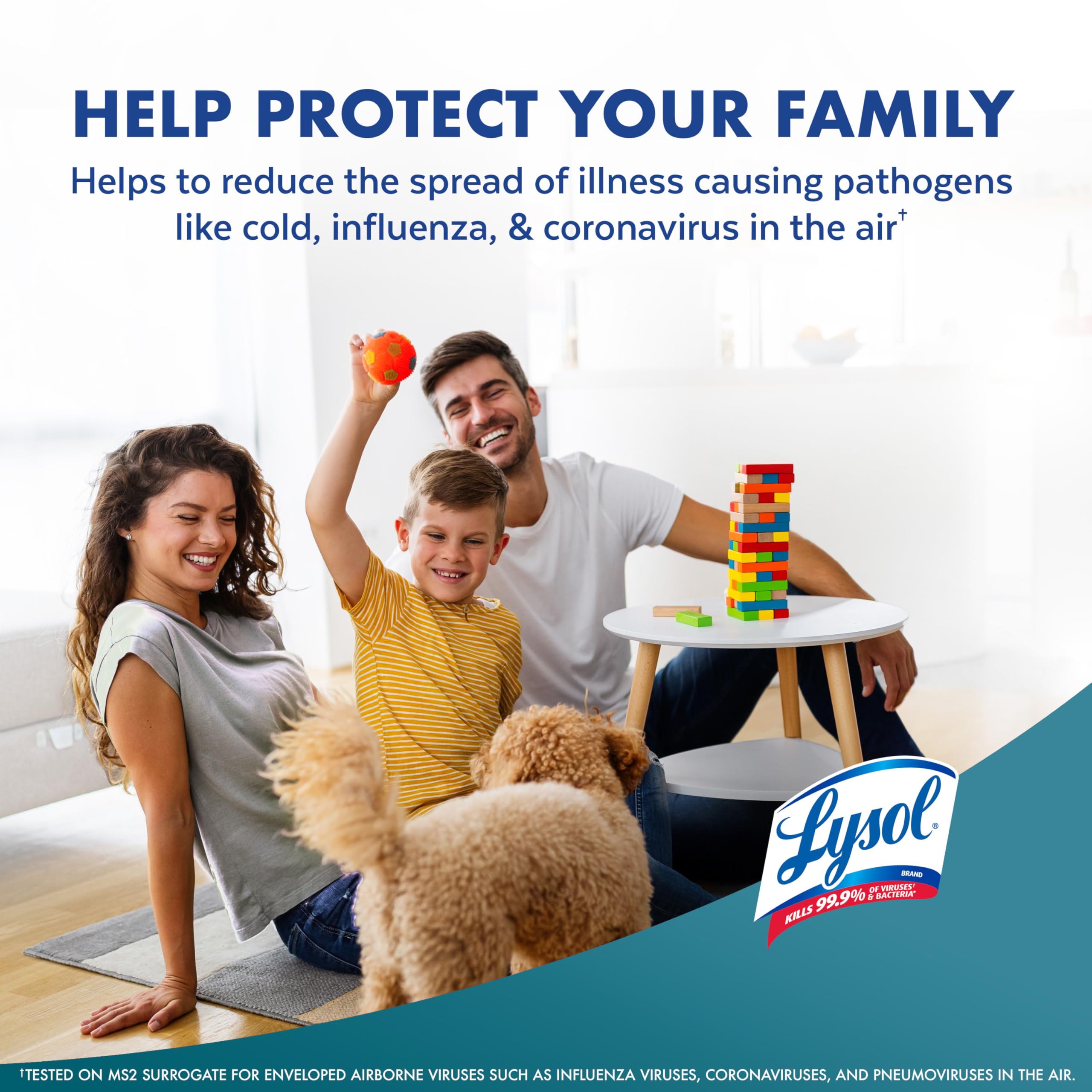 Visual of Lysol Air Sanitizer impacting airborne microbes.