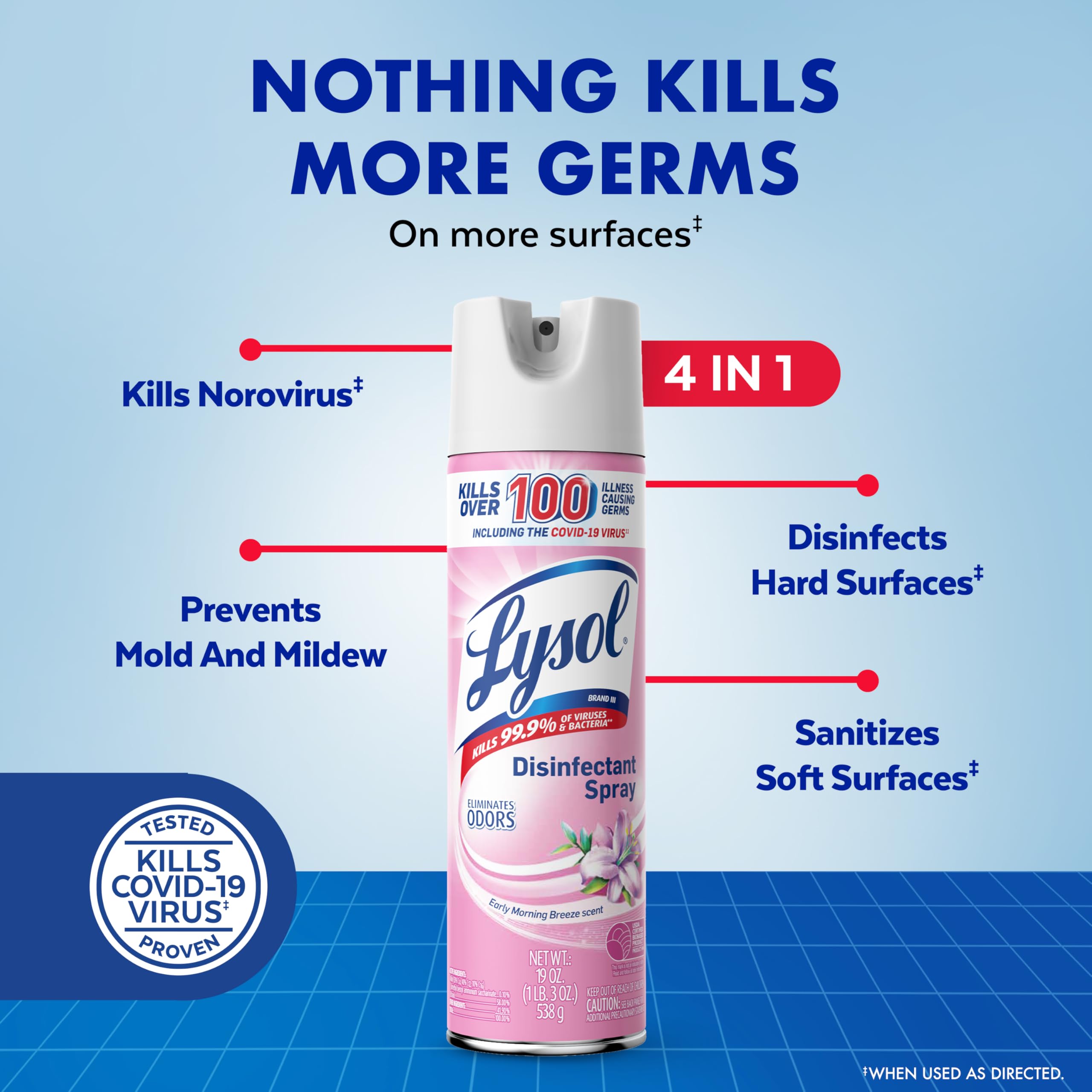 Lysol Disinfectant Spray mist shown on counter for odor control