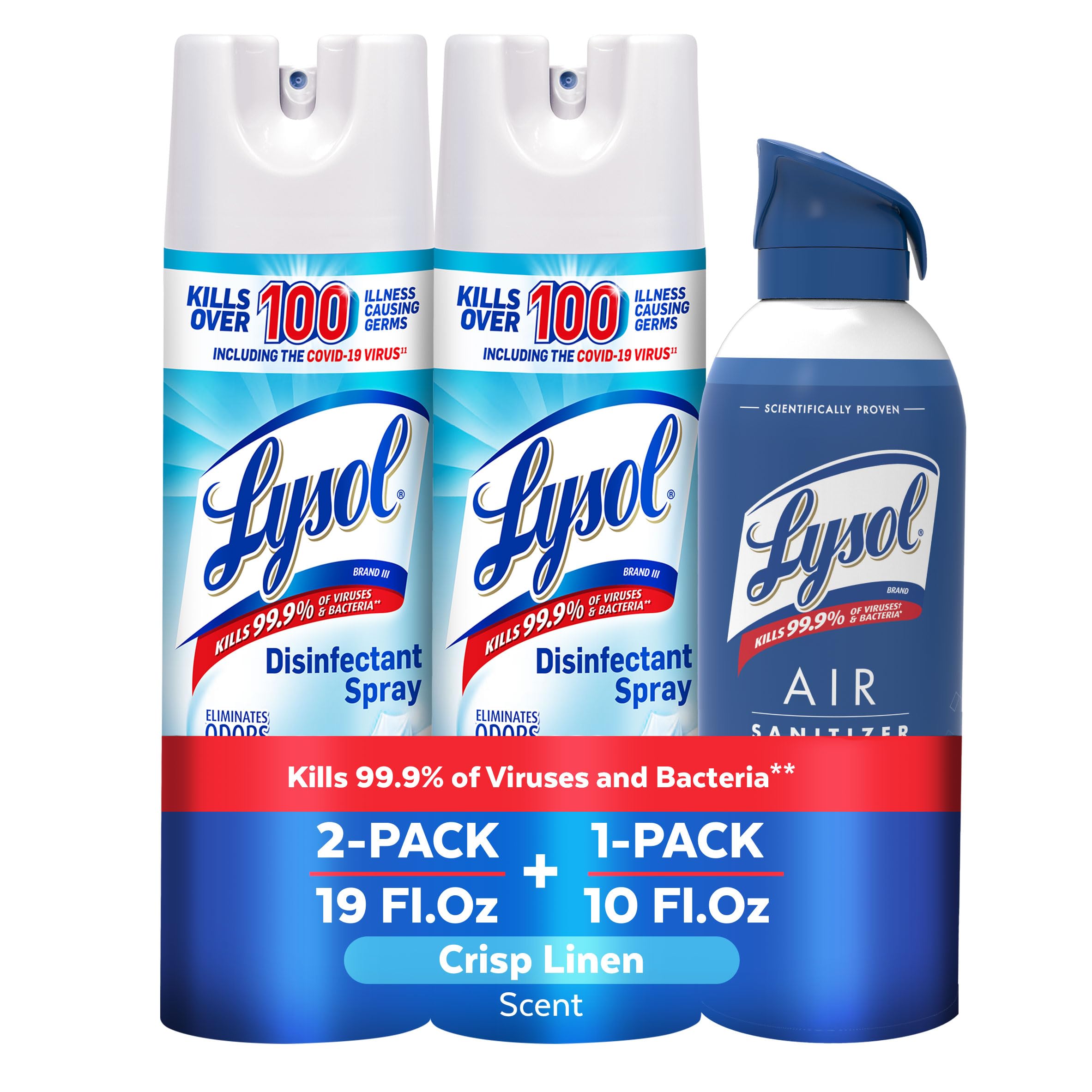 Lysol Disinfectant Spray Crisp Linen bottle for hard surfaces and soft fabrics.