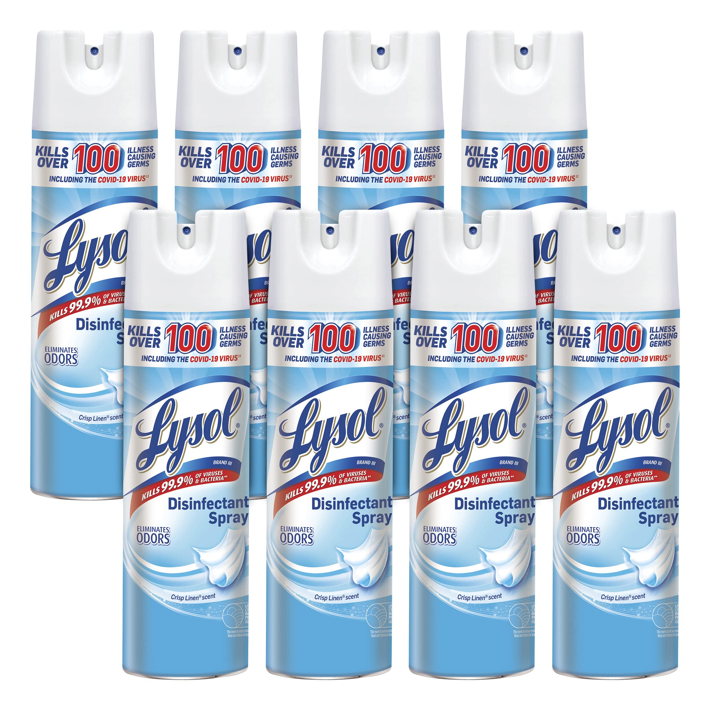 Lysol Disinfectant Spray Crisp Linen bottle releasing mist to sanitize surfaces