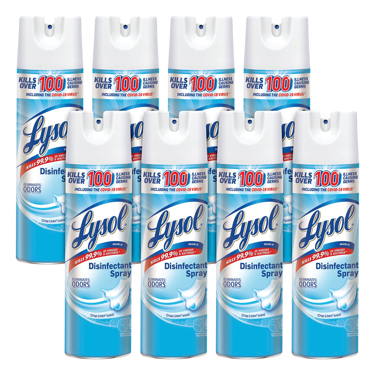 Lysol Disinfectant Spray Crisp Linen bottle releasing mist to sanitize surfaces