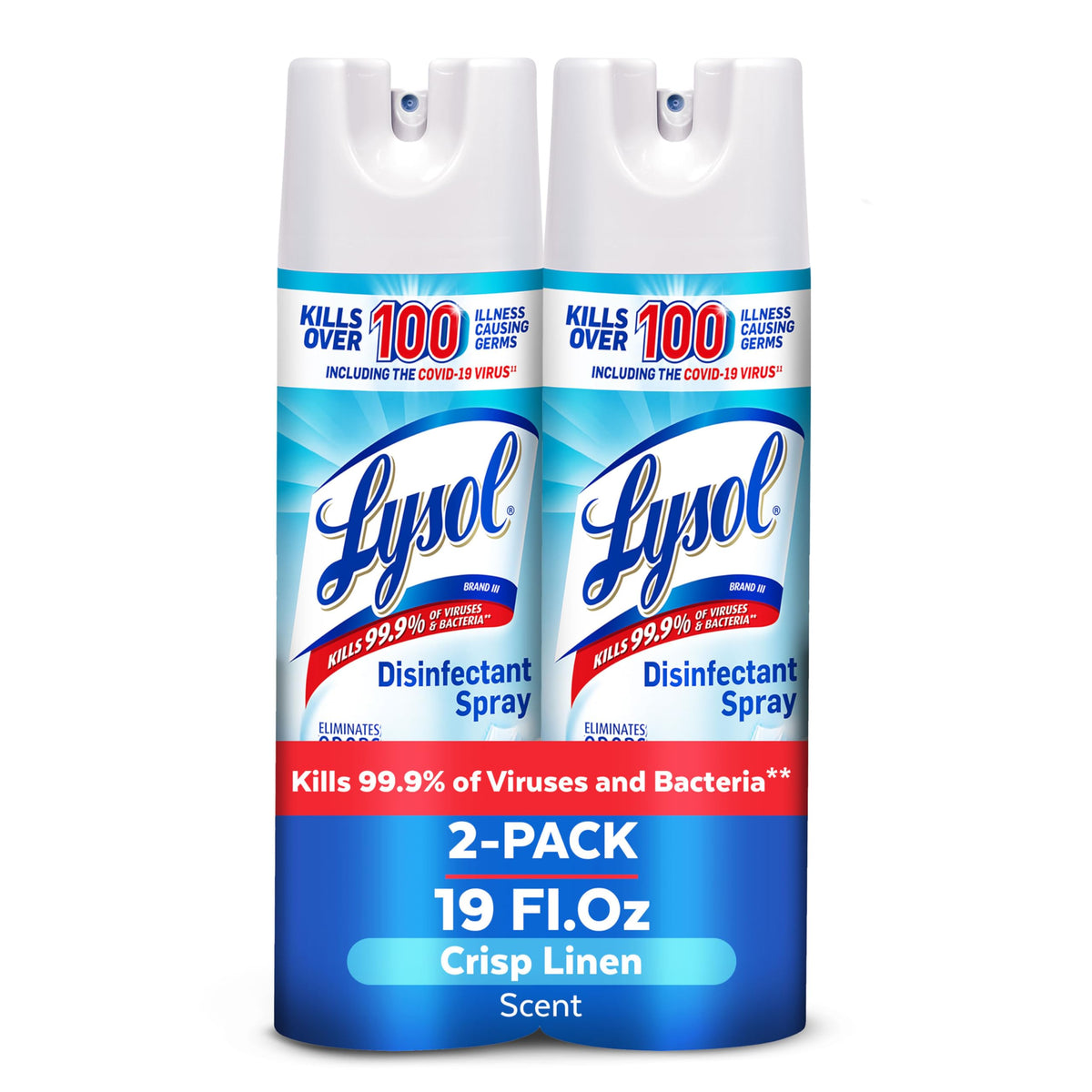 Lysol Disinfectant Spray bottle with Crisp Linen scent for quick surface sanitizing.