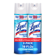 Lysol Disinfectant Spray bottle with Crisp Linen scent for quick surface sanitizing.