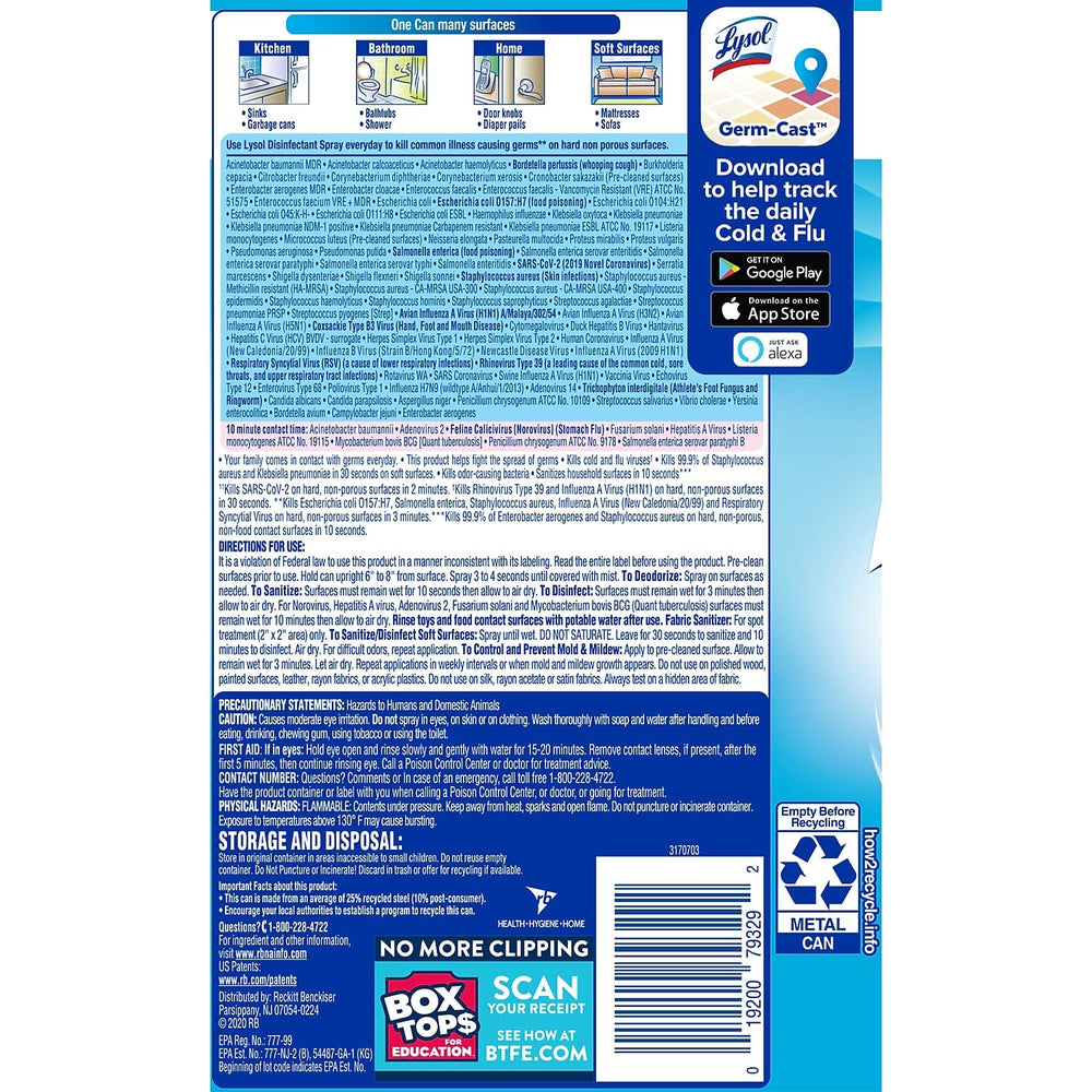 Lysol Disinfectant Spray Crisp Linen couch fabric treatment for odor control.