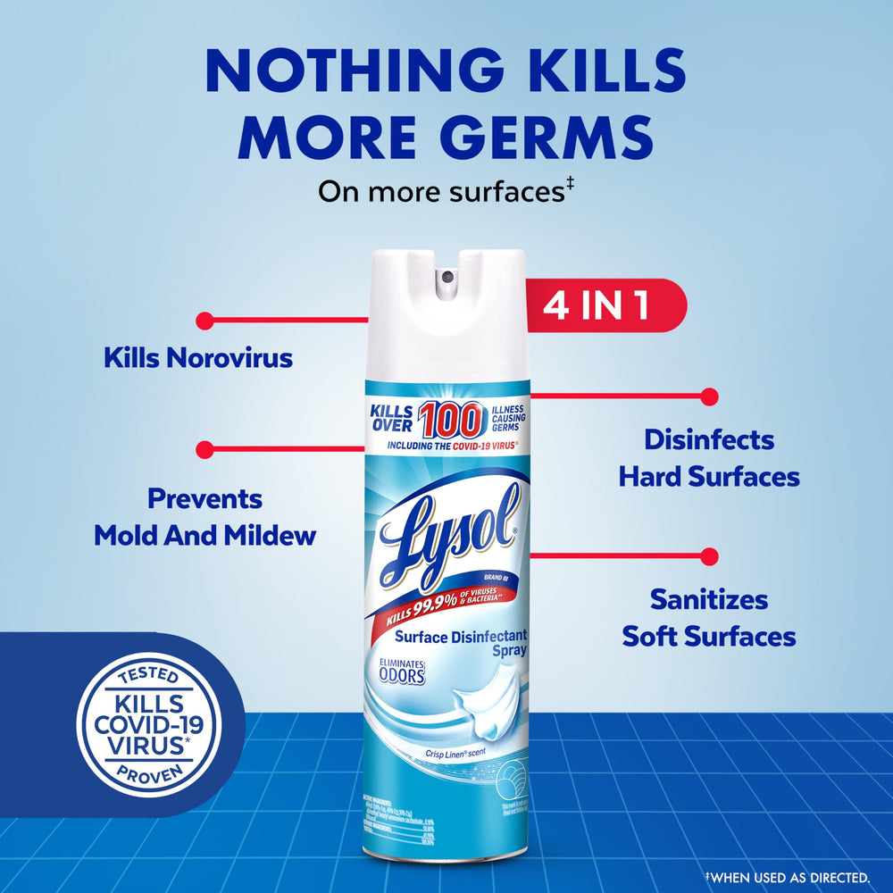 Lysol Disinfectant Spray on a kitchen counter sanitizing hard surfaces.