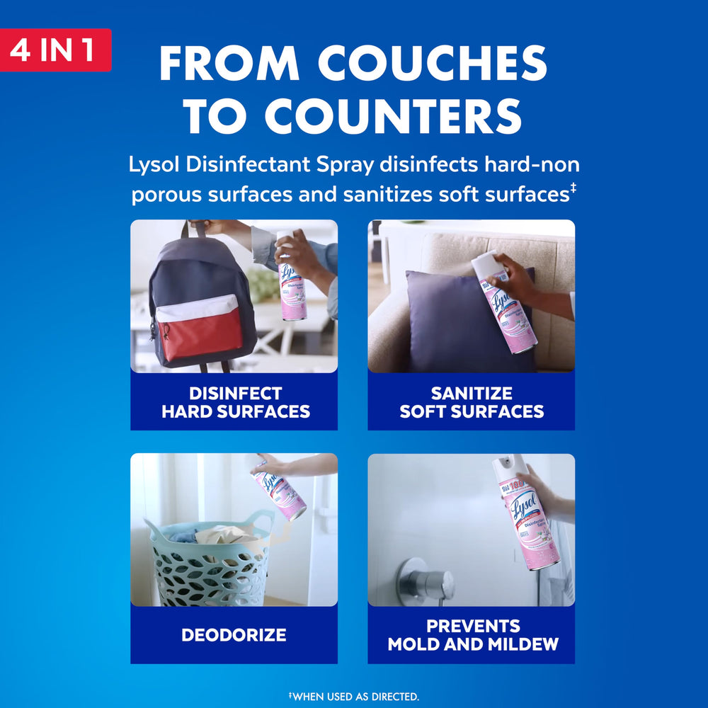 Lysol Disinfectant Spray on sofa fabric for deodorizing upholstery