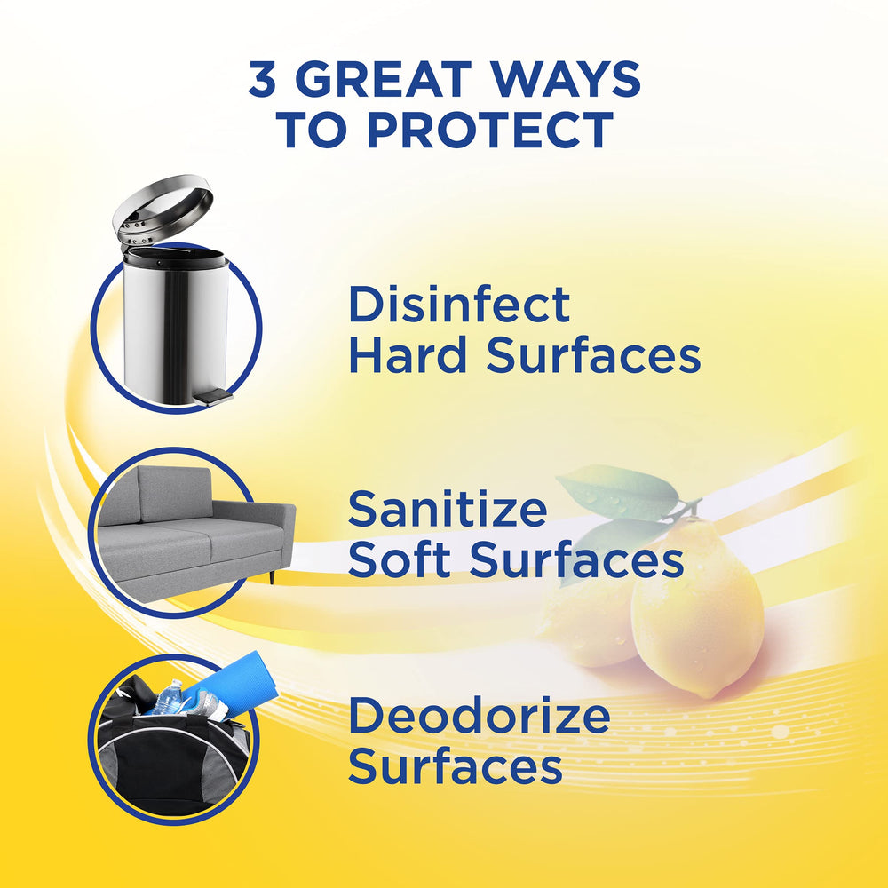 Lysol Disinfectant Spray Lemon Breeze on a kitchen counter for cleaning.