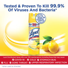 Lysol Disinfectant Spray Lemon Breeze mist dispersing onto a surface.