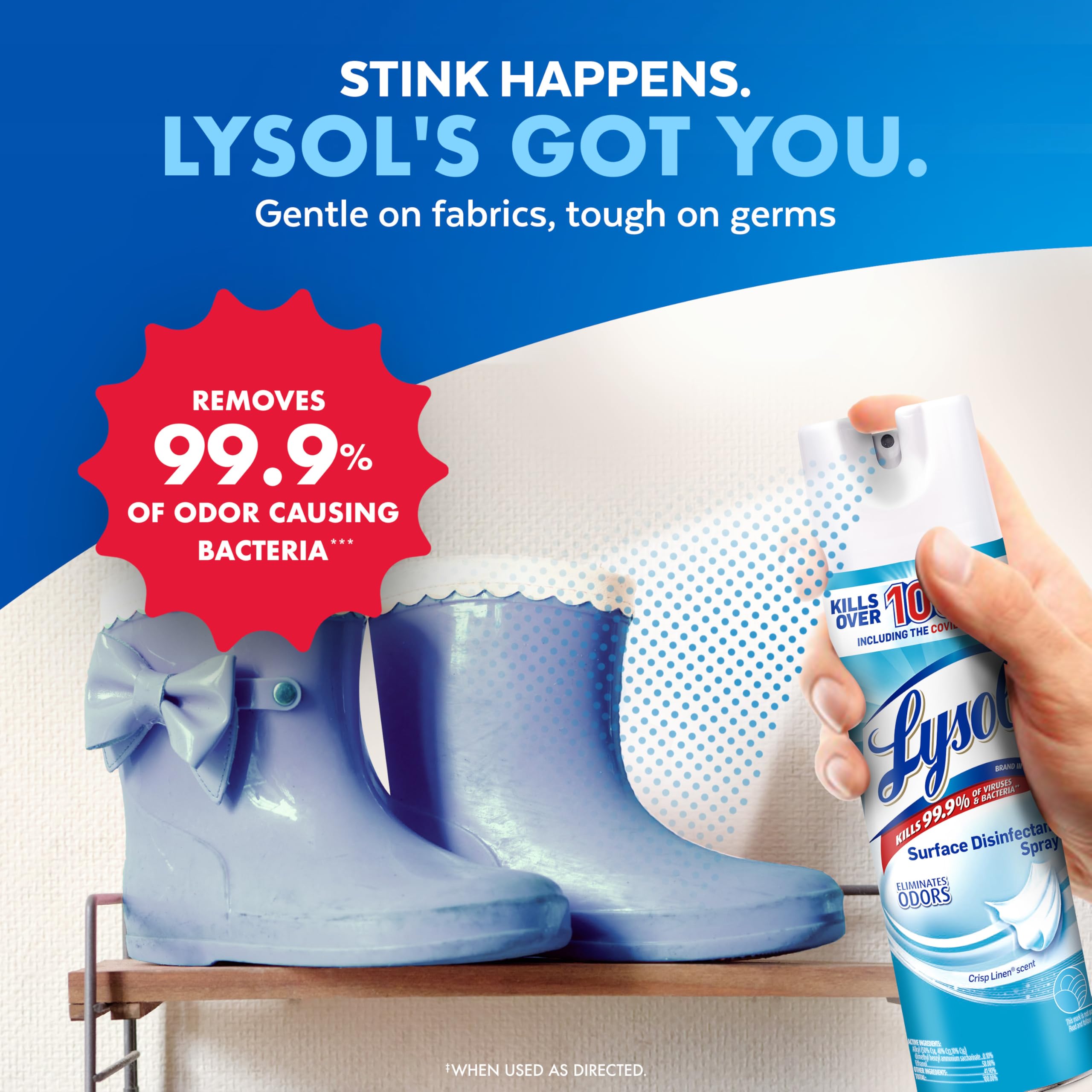 Lysol spray neutralizes odors on carpets and rugs with a fresh scent.