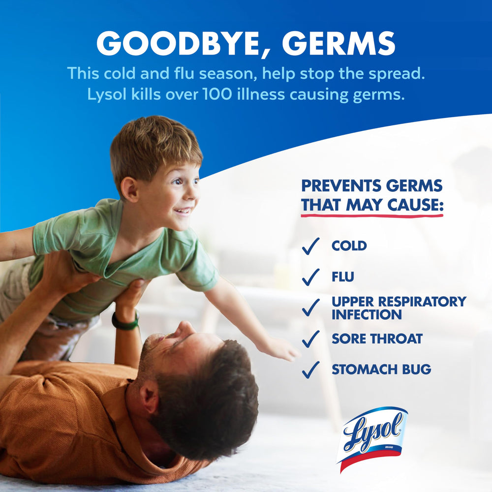 Lysol Disinfectant Spray bottle beside cleaning supplies for quick sanitation