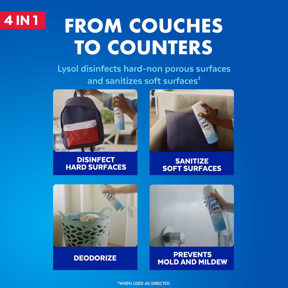 Lysol fabric deodorizer spray treating upholstery for fresh, odor-free fabrics.