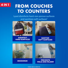Lysol fabric deodorizer spray treating upholstery for fresh, odor-free fabrics.
