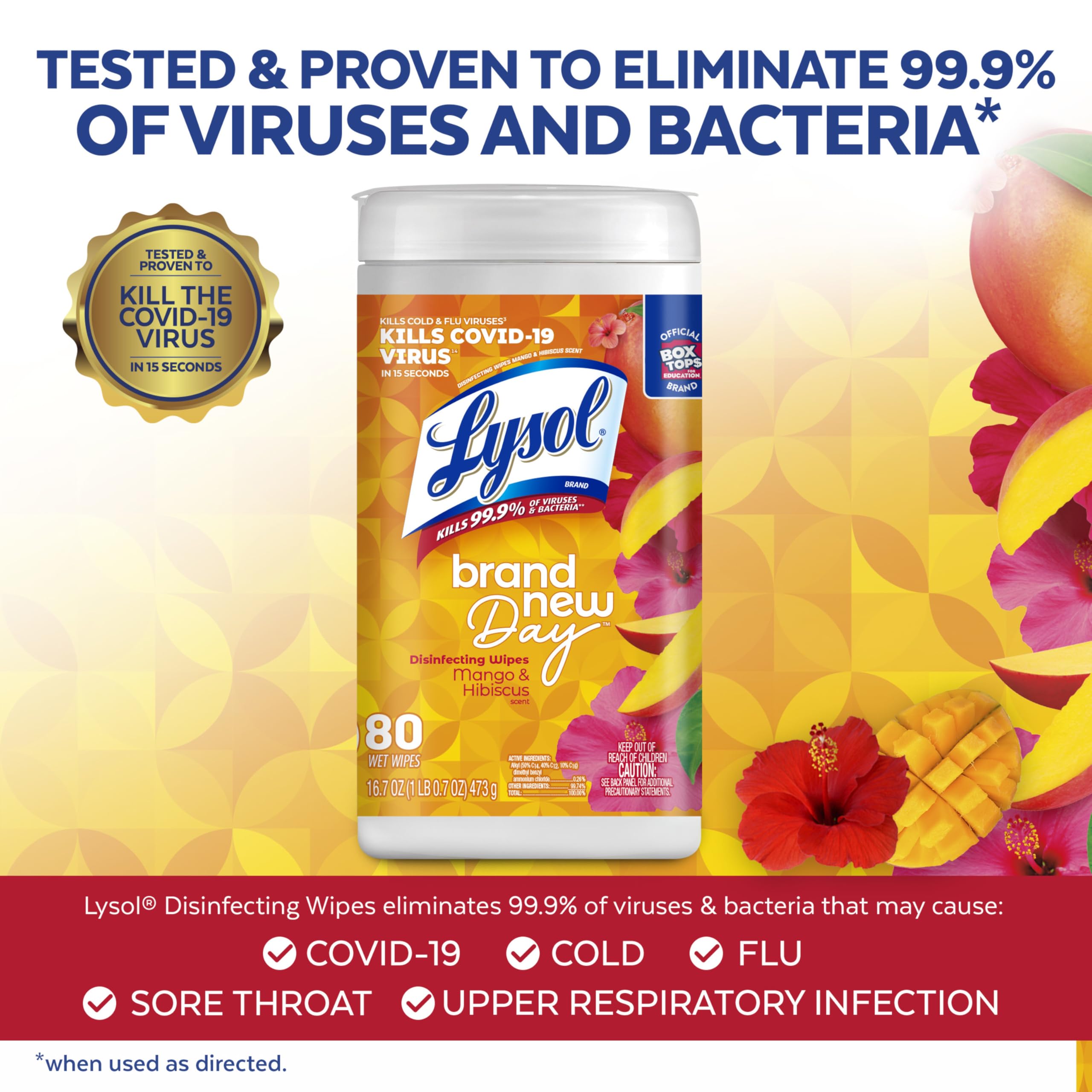 Lysol Mango Hibiscus wipes close-up on canister showcasing portability and efficiency