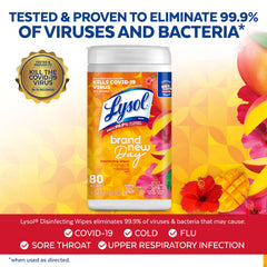 Lysol Mango Hibiscus wipes close-up on canister showcasing portability and efficiency