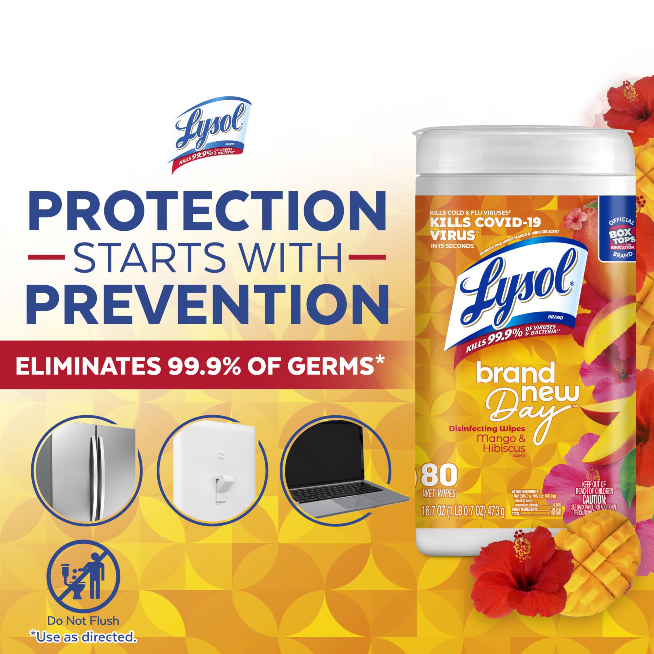 Lysol Mango Hibiscus wipes beside a computer keyboard for surface disinfection
