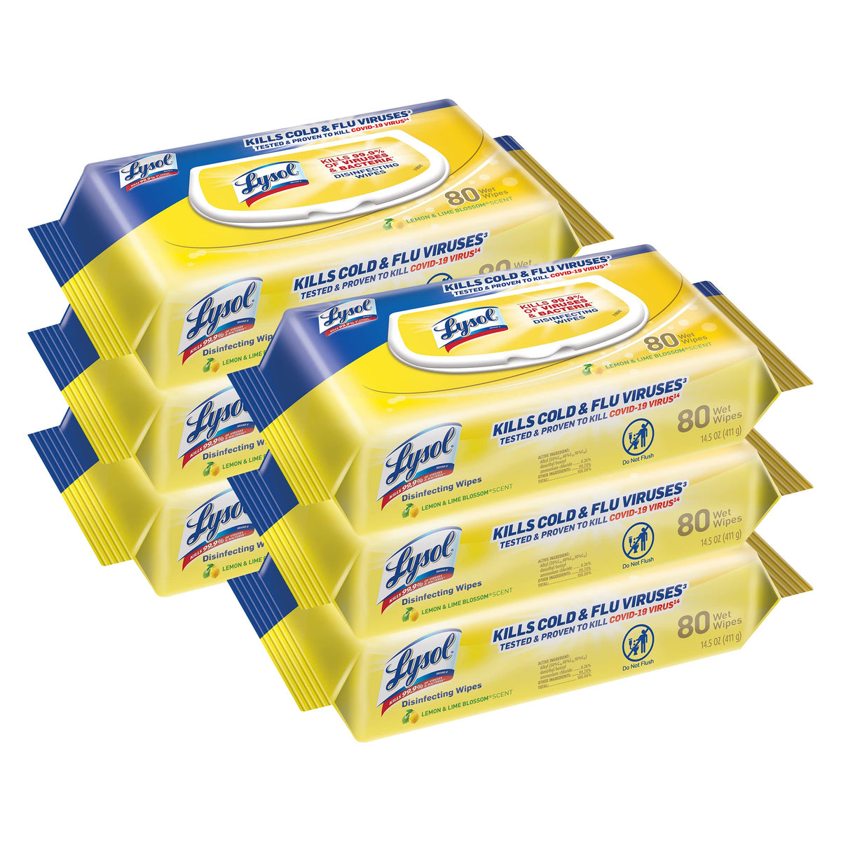 Lysol Disinfecting Wipes Lemon Lime Blossom pack front for multi-surface cleaning.