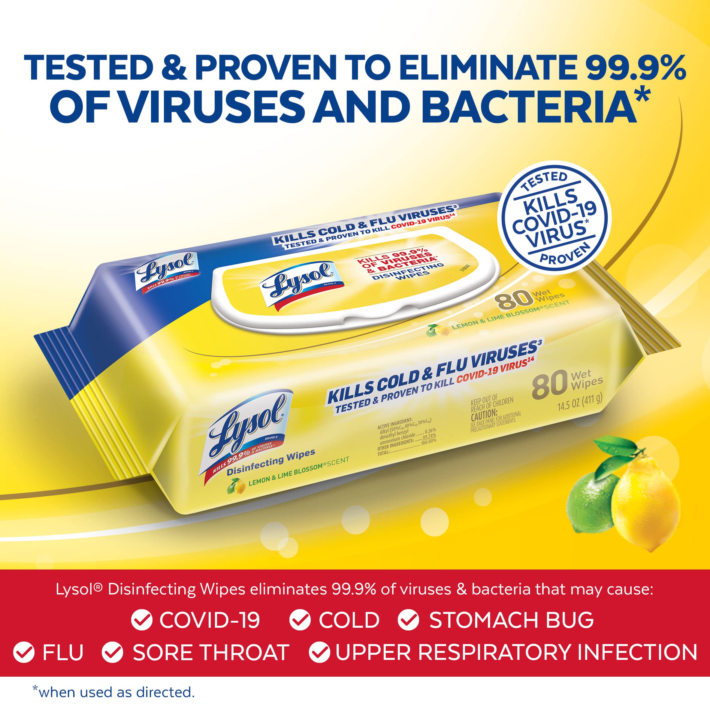 Lysol Disinfecting Wipes Lemon Lime Blossom scent bottle highlights freshness.