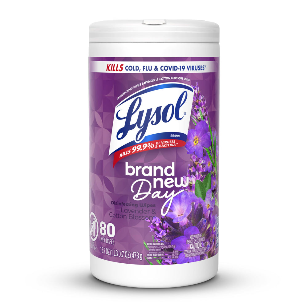 Lysol disinfecting wipes multi-surface lavender packaging ideal for dorms and homes.