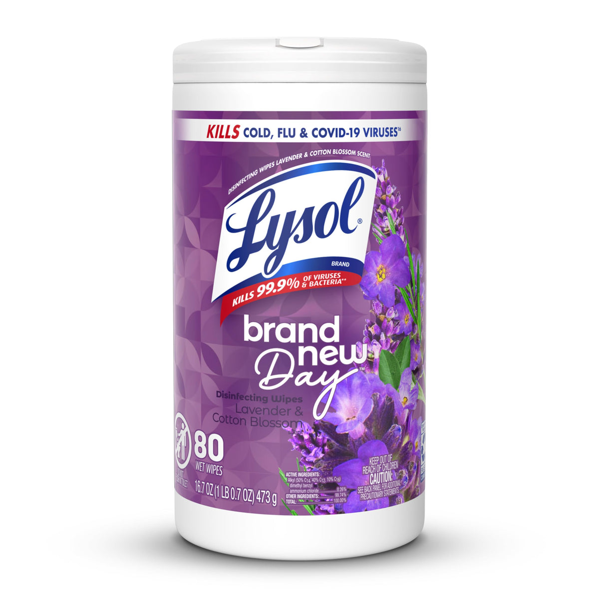Lysol disinfecting wipes multi-surface lavender packaging ideal for dorms and homes.