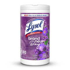 Lysol disinfecting wipes multi-surface lavender packaging ideal for dorms and homes.