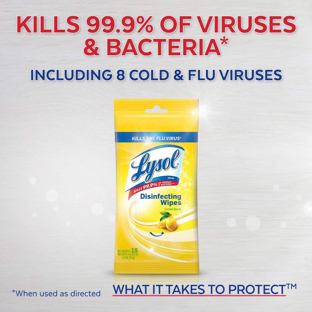 Lysol Disinfecting Wipes To-Go Lemon angled-pack2 shot highlights versatile on-the-go disinfection.