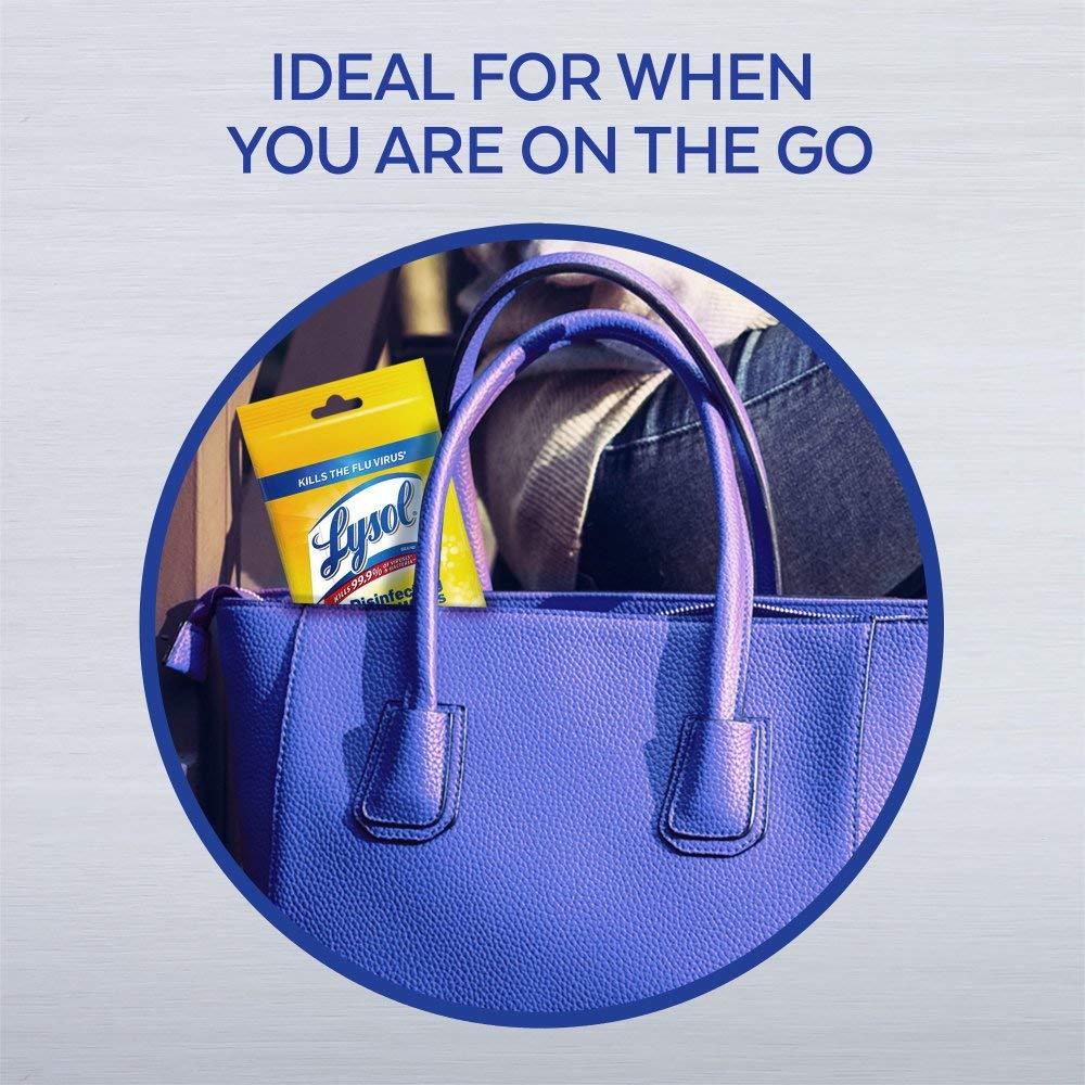 Lysol Disinfecting Wipes To-Go Lemon kitchen-use scene suggests fast countertop cleaning.