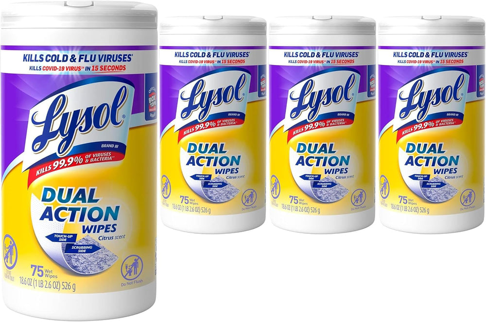 Lysol Dual Action wipes pack-4-75ct citrus provide quick surface disinfection.