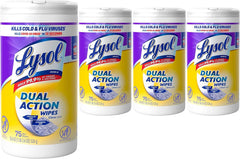 Lysol Dual Action wipes pack-4-75ct citrus provide quick surface disinfection.