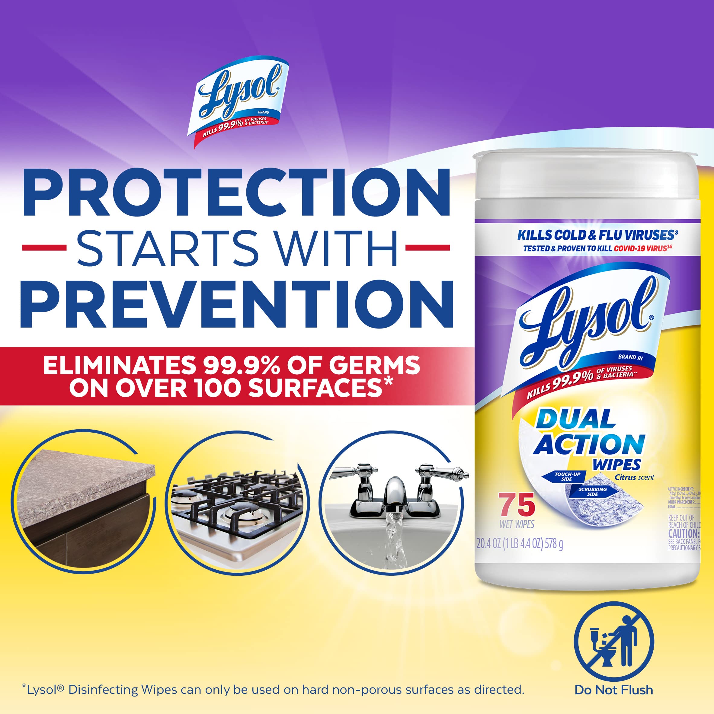 Lysol Dual Action Wipes easy pull from tub for quick use.