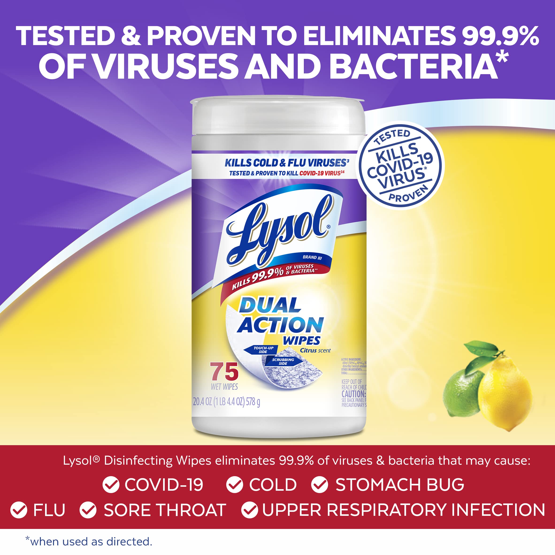 Lysol Dual Action Wipes on kitchen counter showing fast disinfecting benefits.
